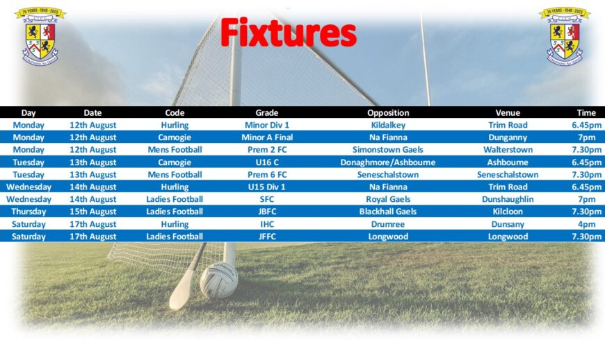 Fixtures for week 12 August