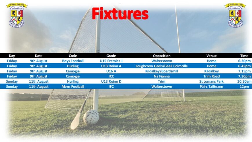 Fixtures for Week 5th August 2024